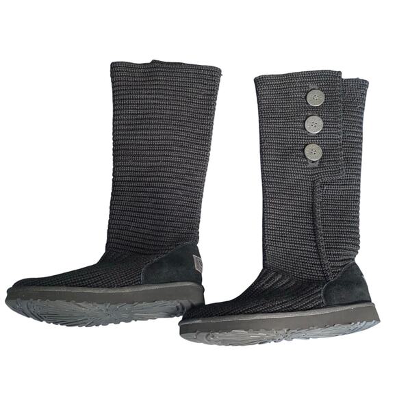UGG Classic Cardy Knit Black Tall Boots Women’s 10 Button Slouchy Winter Cozy - Picture 2 of 6
